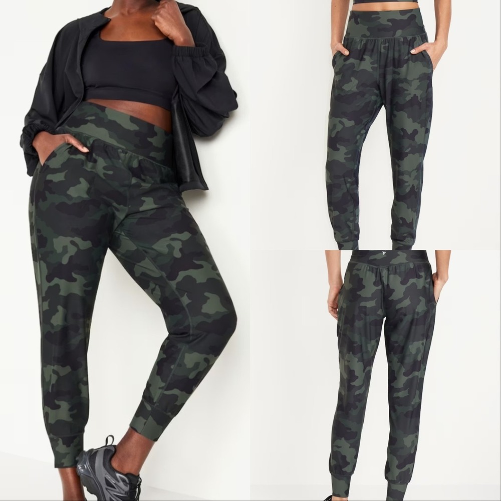 Old Navy Active PowerSoft Jogger Pants Womens L Green Camouflage High-Rise Logo